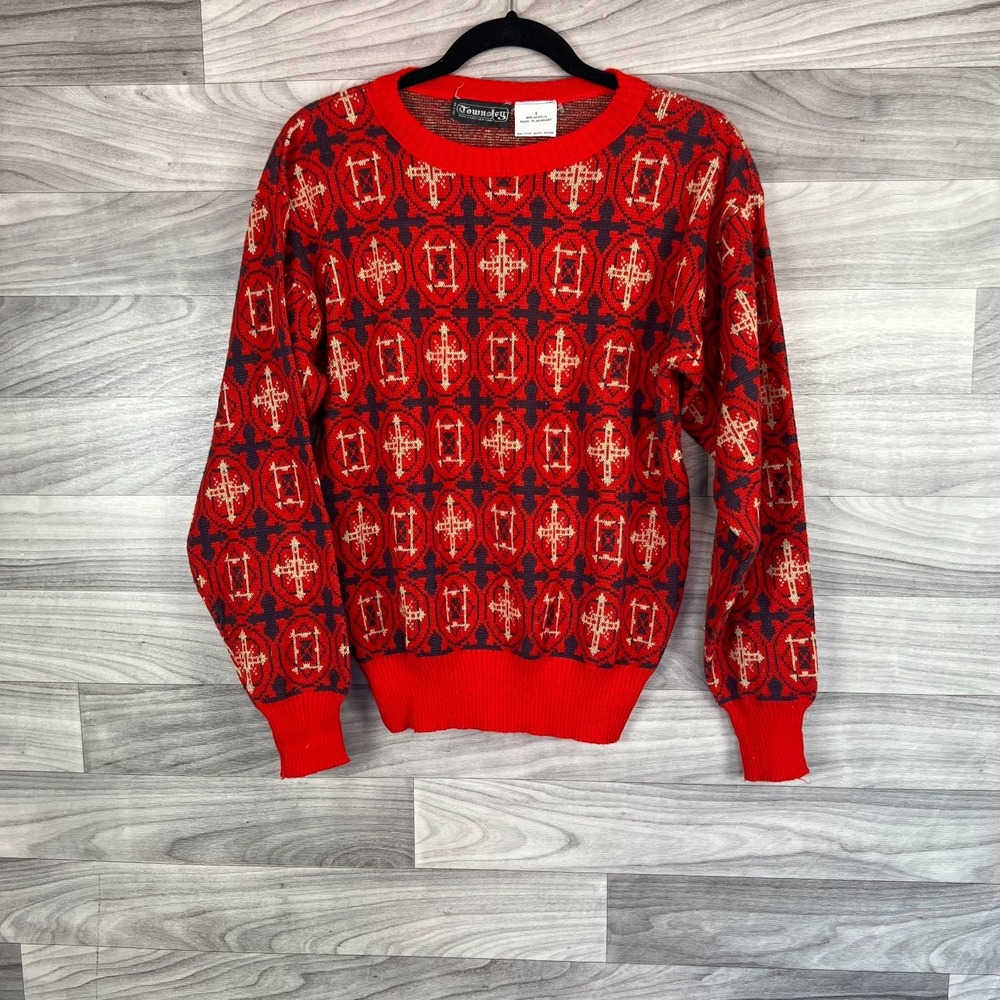Vintage Townsley‎ 70s Sweater Women's Small Red Geometric Long Sleeve Crew Neck